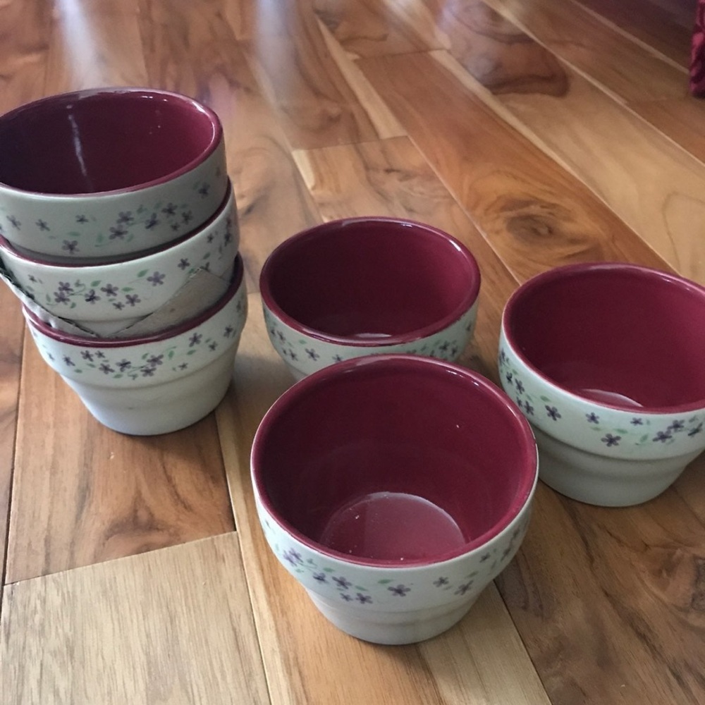 6 Piece pottery crock Country Mini Baker Set with purple floral pattern New